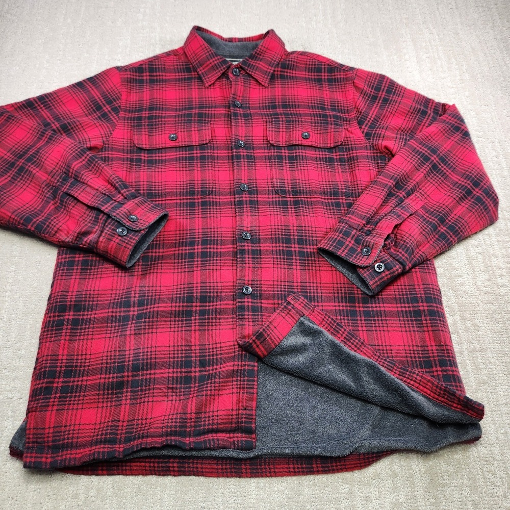 LL Bean Shirt Men Medium Fleece Lined Flannel Heavy Cotton Red Buffalo Plaid